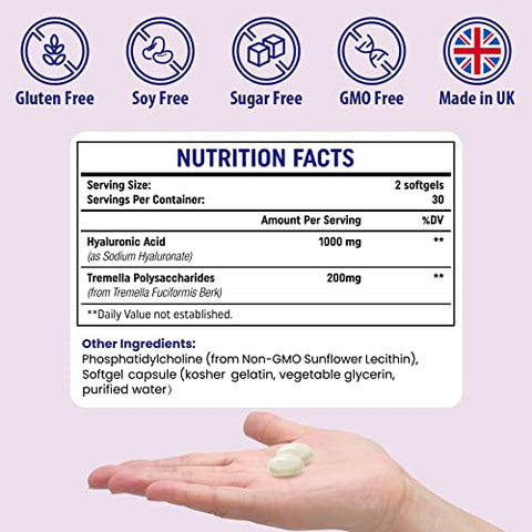 Genogna - Suplemento de Ácido Hialurônico Lipossomal 1000mg – Cápsulas de Ácido Hialurônico de Alta Bioacessibilidade com Polissacarídeos de Tremella, Hidratação Dupla para a Pele e Lubrificação das Articulações, 1 Pacote