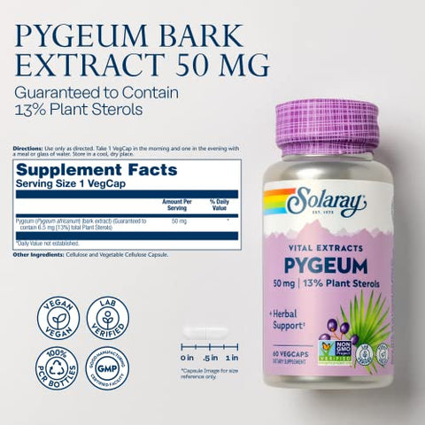 Extrato de Casca de Pygeum 50mg – Suporte para Saúde da Próstata – Contém 6.5mg de Fitosteróis Vegetais como Beta Sitosterol, Não-OGM, Vegano, 60 Dias - SOLARAY