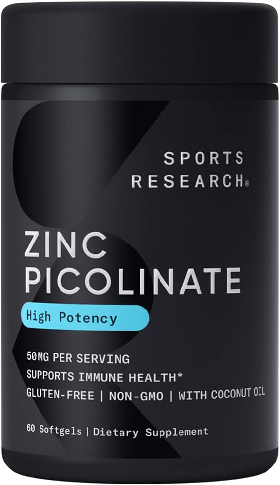 Zinco Picolinato 50mg com Óleo de Coco Orgânico | Suplemento de Zinco Altamente Absorvível para Função Imunológica Saudável – Verificado Não-OGM, Sem Glúten - Sports Research