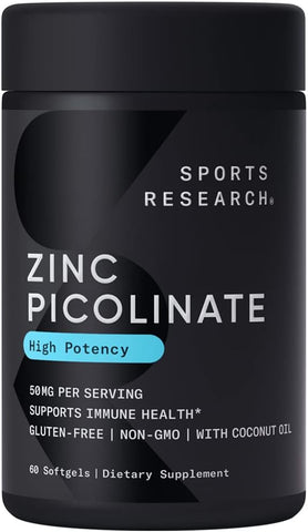 Zinco Picolinato 50mg com Óleo de Coco Orgânico | Suplemento de Zinco Altamente Absorvível para Função Imunológica Saudável – Verificado Não-OGM, Sem Glúten - Sports Research