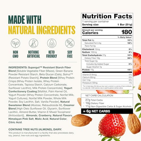 Barras Supergut Prebióticas | Substituto de Refeição | Estimula GLP-1 | Alta Fibra e Proteína | Sem Açúcar Adicionado | Alimento Keto, Refeição, Lanche (Morango Amêndoa, 12 Unidades)