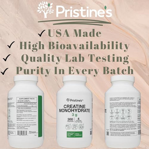 PRISTINE'S - PRISTINE’S Creatine Monohydrate 3000MG – Cápsulas de Suporte ao Crescimento Muscular – 75 Dias de Fornecimento – Sem Inchaço – Performance Atlética