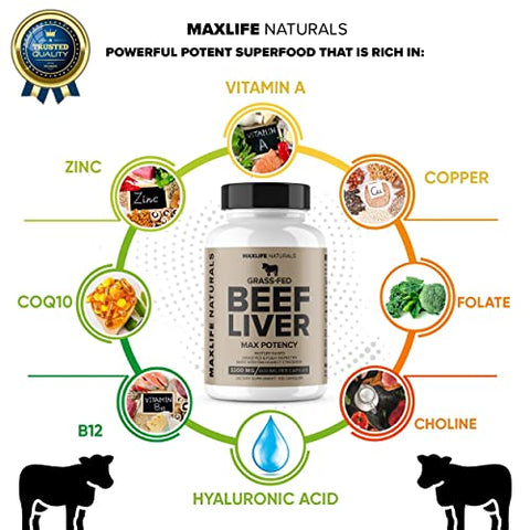 MAXLIFE NATURALS - Fígado de boi alimentado com capim 3200mg – Ferro natural, Vitamina A, B12 para energia – Alimentado com capim, criado em pasto sem gordura na Nova Zelândia, sem hormônios, não transgênico, desidratado