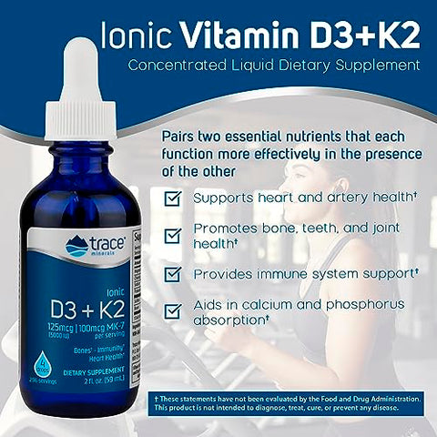 Vitamina D3 K2 Líquida Iônica | 125 mcg (5.000 UI) D3, 100 mcg K2 | Suplemento Alimentar Concentrado | 59 ml. 296 Porções - Trace Minerals