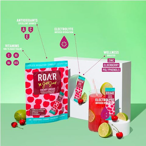 Roar Organic - ROAR Pó Completo de Hidratação Plus – Sachês de Hidratação com Zinco e Sabugueiro – Pó de Eletrólitos Sem GMOs, Sem Glúten – Sabor Limonada de Cereja – 12 un