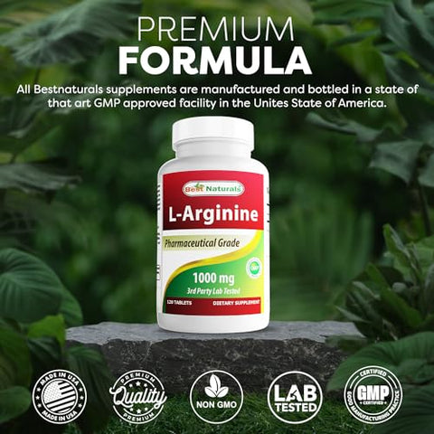 3 Pack L-Arginine 1000 mg 120 Tablets – Suplemento de L-Arginina de Grau Farmacêutico Promove a Síntese de Óxido Nítrico (Total de 360 Comprimidos) - Best Naturals