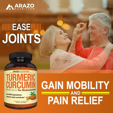 Cúrcuma Curcumina com BioPerine 1300mg e Pimenta Preta – Suplemento Nutricional para Suporte Articular – Cápsulas de Raiz de Cúrcuma 100% Herbal - Arazo Nutrition