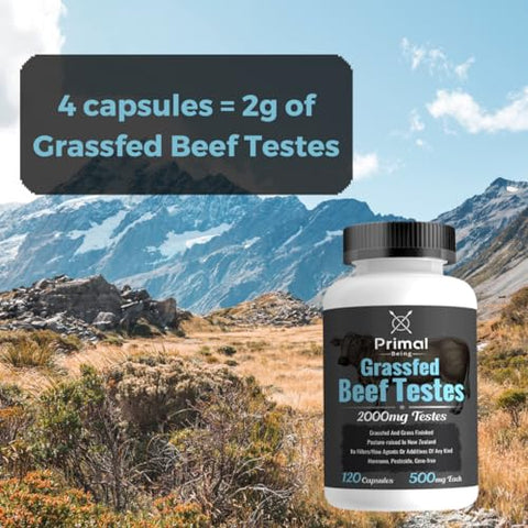 Testículos de Boi Criados a Pasto, Suporte para Vitalidade, Libido, Saúde Hormonal, Reprodução Masculina – 120 Cápsulas, 2000mg por Porção - Primal Being