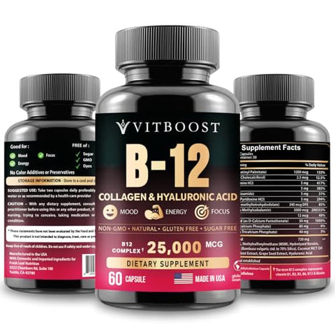VITBOOST - B12 com Ácido Hialurônico, Colágeno e Folato – 25000 mcg Suplemento de B12 Metilcobalamina | Maximiza Absorção | Marca: Maximize