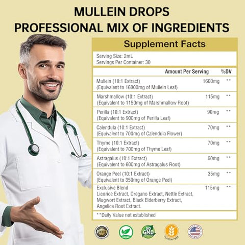bravelf - Mullein Drops 480,000‬mg – Extrato de Folha de Verbascum 1600MG para Desintoxicação Pulmonar – Vegan, 13 em 1