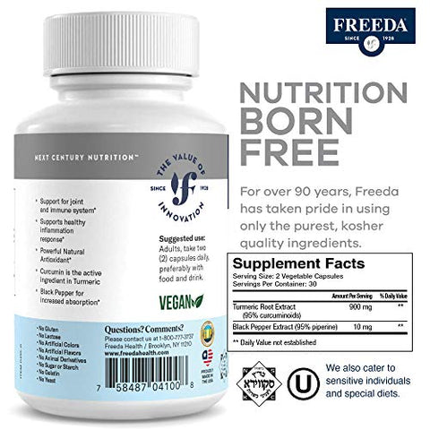 FREEDA - Freeda Curcuma Cúrcuma com Pimenta Preta – Vegano Kosher Sem Glúten – Cápsulas de Curcuma para Suporte à Inflamação – 60 Cápsulas Vegetais