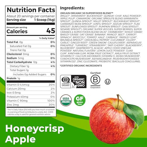 Organic Greens 50 Superfoods Immunity Up! Pó de Maçã Honeycrisp – Suporte Imunológico, Probióticos, Vitamina C, D - Orgain