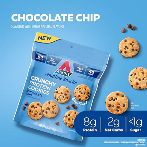Cookies de Proteína Crocantes em Tamanho Mordida, Chocolate Chip, 8g Proteína, 4g Fibra, 1g Carboidrato Líquido, 1g Açúcar, Amigo da Dieta Keto, 3 Pacotes (5 Porções por Pacote) - Atkins