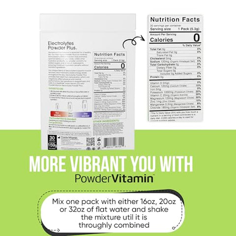 PowderVitamin - Electrolytes Powder Plus Keto: Pack Variado, Zero Açúcar, 1000mg de Potássio, 120mg de Cálcio, 120mg de Magnésio, Não-OGM, Zero Calorias, 30 Pacotes de Hidratação