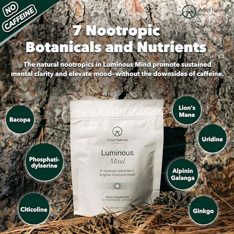 ADAPT NATURALS BY CHRIS KRESSER - Adapt Naturals – Suplemento Cérebro Nootrópico Luminous Mind com Ginkgo Biloba, Bacopa e Lions Mane | Memória, Foco, Clareza Mental e Suporte para o Humor Elevado | Sem Cafeína, Queda