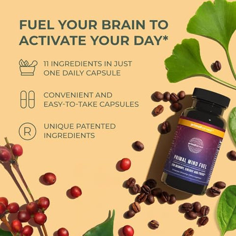 Primal Harvest - 2 Pack, Primal Mind Fuel Brain Booster – Foco, Energia, Clareza, Memória – Saúde Cerebral – 30 Cápsulas – Nootrópicos – Suporte Cerebral para Homens e Mulheres