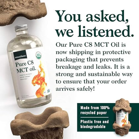 Óleo de MCT Puro C8 Orgânico Natural Force – Frasco de Vidro – Ácido Caprílico Concentrado – Keto, Paleo, Kosher, Vegano – 100% Natural