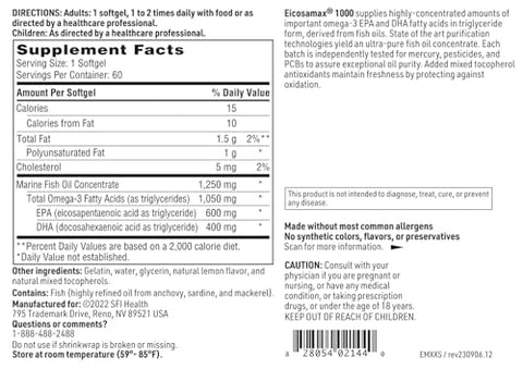 Eicosamax 1000 TG Fish Oil – Ômega-3 Puro de Peixe – 1000 mg EPA/DHA por Cápsula – Sabor Natural de Limão – Sem Arrotos de Peixe (60 cápsulas) - Klaire Labs