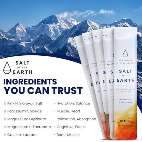 Salt of the Earth - Sal do Himalaia Rosa Premium Zero-Açúcar – Pacotes de Pó Hidratante com Eletrólitos – Ingredientes Premium – Keto