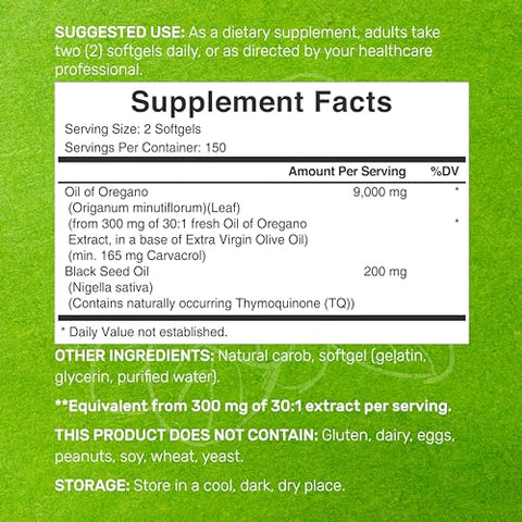DEAL SUPPLEMENT - Óleo de Orégano em Cápsulas com Óleo de Semente Negra – 9.000mg por Porção, 300 Cápsulas – Extrato 30:1, Carvacrol Ativo