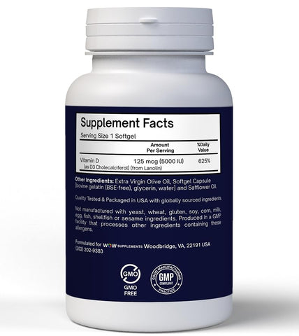 Vitamina D3 5000 UI – 125 mcg, Suplemento de Alta Potência para Saúde Óssea, Dental, Articular, Mamária, Cardíaca e Imunológica* 120 Unidades - WOW Supplements