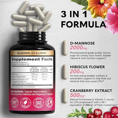 NUTRAHARMONY - D-Mannose 2000mg Cápsulas – Suplemento 3 em 1 para Saúde do Trato Urinário – Natural para Bexiga, Fígado – Marca D-Mannose