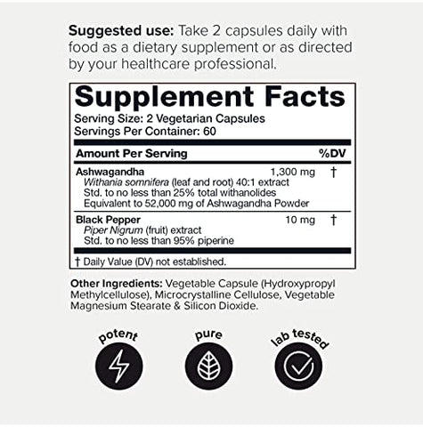 52,000mg 40x Extrato Concentrado – 25%% Withanolides – Cápsulas de Ashwagandha de Ultra Alta Potência – Colheita Selvagem na Índia – Altamente Concentrado e Bioacessível – Marca Toniiq - Toniiq