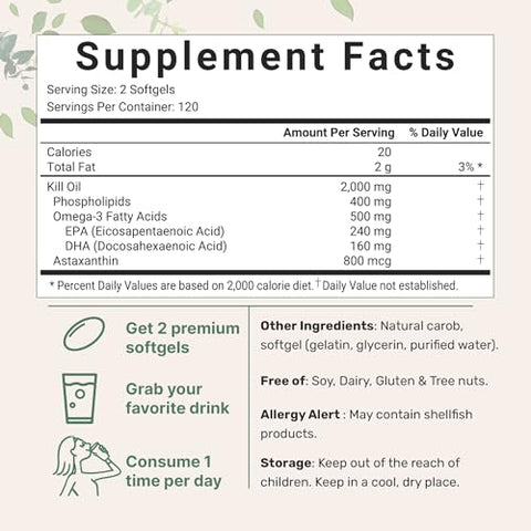 Óleo de Krill Antártico Micro Ingredients, 2.000mg por Porção, 240 Softgels, Triplo Forte, Rico em Ômega-3 EPA, DHA