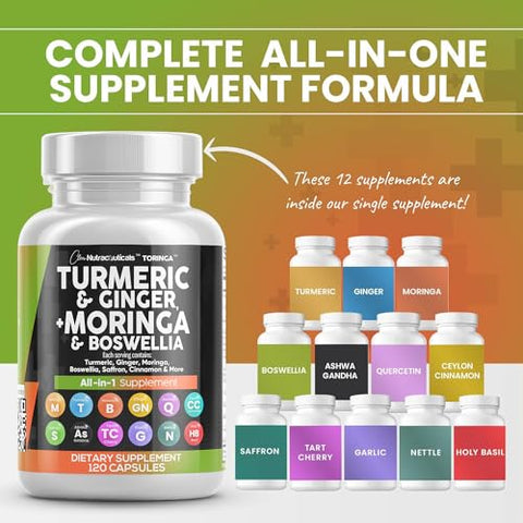 Clean Nutraceuticals - Turmeric Curcumin 30000mg Ginger 3000mg Moringa 50000mg Boswellia 3000mg Saffron 2000mg – Suporte Articular para Mulheres e Homens com Canela do Ceilão, Quercetina, Cereja Azeda
