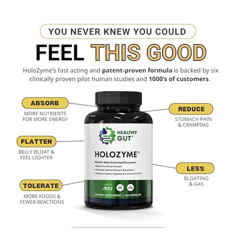 Healthy Gut,LLC - HoloZyme Enzimas Digestivas para um Intestino Saudável | Desfrute Novamente de seus Alimentos Favoritos | com Protease, Amilase, Lipase, Lactase e Mais | 90 Porções