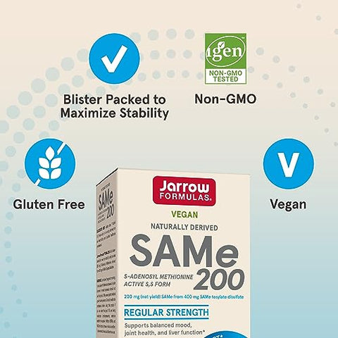 SAMe 200 mg: Suporte para Articulações, Função Hepática e Metabolismo Cerebral – 60 Comprimidos (Até 60 Dias de Suprimento) - Jarrow Formulas