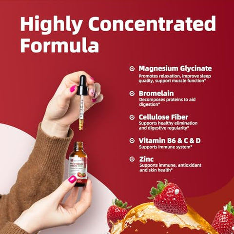 M inch - Magnésio Líquido 1000mg, Gotas Líquidas de Magnésio Glicinato Sem Açúcar com Fibra de Celulose, Bromelina, Vitaminas B6, C, D, Zinco para Noite, Saúde Digestiva, Sabor Morango, 60ml