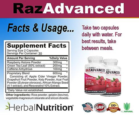 Herbal Nutrition - RAZADVANCED Complexo de Perda de Peso com Cetonas de Framboesa, 2 Frascos, 120 Cápsulas, 1200mg por Porção, Manga Africana, Vinagre de Maçã, Chá Verde, Resveratrol, Fruta Açaí, Alga Marinha