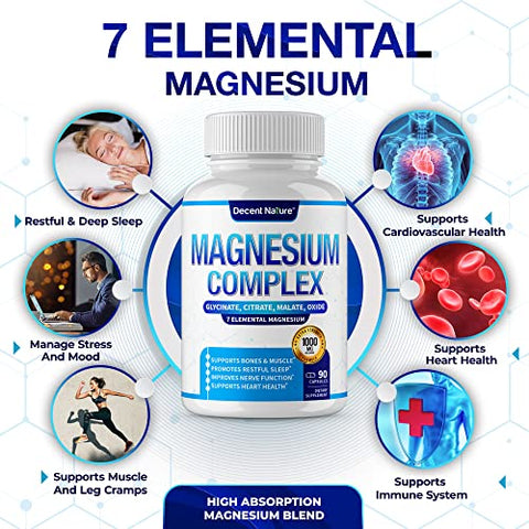 DECENT NATURE - Magnésio Complexo 7 Suplemento de Magnésio Elemental 1000mg – Glicinato, Citrato, Malato, Taurato, Óxido, Aspartato, Orotato Não-OGM 90 Cápsulas