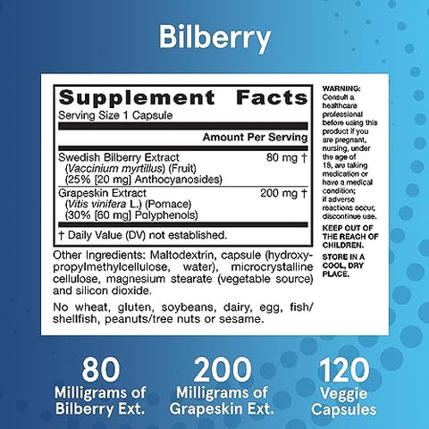 Cápsulas de Mirtilo com Polifenóis da Casca de Uva, Saúde Visual e Ocular, 60 Cápsulas Vegetarianas, Até 30 Dias de Suprimento - Jarrow Formulas