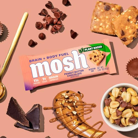 Barras de Proteína de Amendoim com Chocolate à Base de Plantas Keto, Alta Proteína, Sem Glúten, Lanche Saudável para o Cérebro com Ashwagandha e Lion’s Mane, 12 Unidades - MOSH