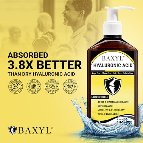 Ácido Hialurônico Líquido para Alívio das Articulações (Vegano, Sem Glúten, Não-OGM, Oral Patenteado MHB3) | 180 ml, Fornecimento de 36 Dias - BAXYL