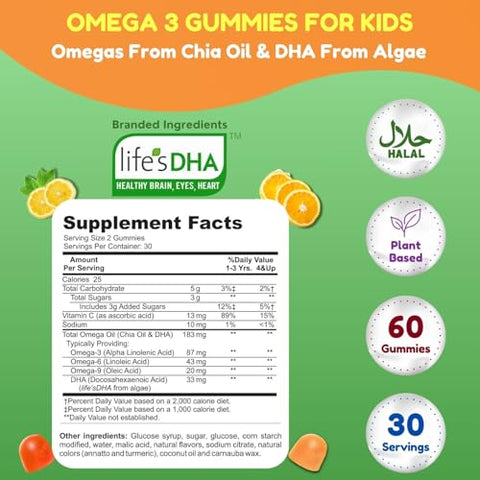 SHIFAA NUTRITION - Gomas de Omega 3 para Crianças sem Gelatina. Ômega 3 à base de plantas para crianças. Livre de Glúten