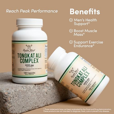 Double Wood Supplements - Extrato de Tongkat Ali 200 para 1 para Homens (Longjack) Eurycoma Longifolia, 1020mg por Porção, 120 Cápsulas – Suporte à Saúde Masculina com 20mg de Tribulus Terrestris (Testado por Terceiros)