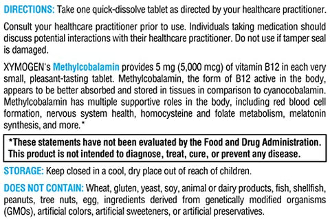 Methylcobalamin 5,000 mcg – Vitamina B12 em Comprimidos Pequenos e Saborosos – Suporta Metilação Saudável, Saúde Neurológica e um Sistema Imunológico Forte (120…) - XYMOGEN