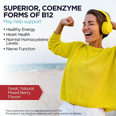 Vitamina B12 Methylcobalamin e Adenosylcobalamin 2000 mcg ActivMelt, Suplemento Energético B12, Metabolismo, Nervos, Suporte às Células Vermelhas do Sangue, Alta Absorção, Natural Berry, 60 comprimidos - KAL