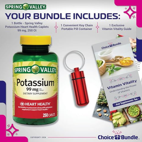 ChoiceBundle - Spring Valley Potássio Suplemento Dietético para a Saúde do Coração Caplets 99 mg 250 CT Pacote Escolha “Vitalidade Vitamínica” Guia