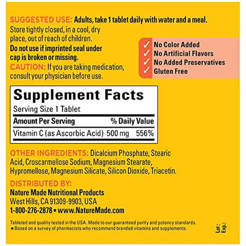 Vitamina C 500 mg – Suporte Imunológico – 500 Comprimidos – 500 Dias de Suprimento - Nature Made