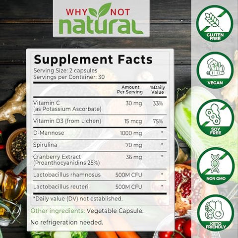 Pílulas UTI 5 em 1 com D-Manose, Extrato de PAC de Cranberry, Probióticos e Vitamina C | 100% Natural e Eficaz - Why Not Natural