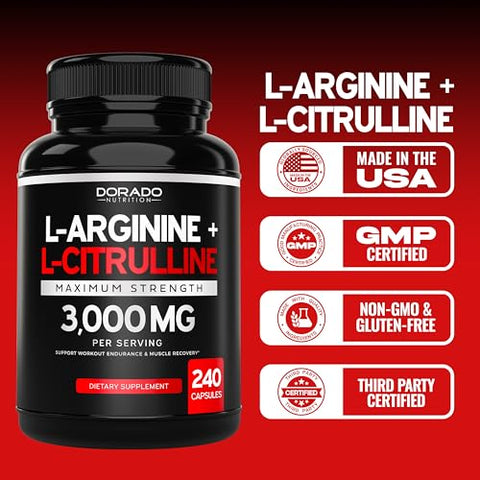 DORADO NUTRITION - L Arginine L Citrulline 3000mg (240 Cápsulas) – Suplemento de Óxido Nítrico para Homens – Resistência, Desempenho e Energia para Treinos – Sem Glúten