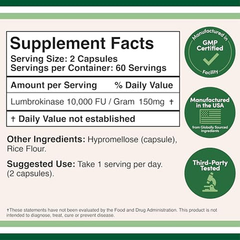 Double Wood Supplements - Lumbrokinase Enzimas – 120 Cápsulas (Atividade Máxima 10.000 FU/Grama) 150mg por Porção (Sem Preenchedores, Não-OGM, Livre de Glúten) para Saúde Cardiovascular e Circulação Sanguínea
