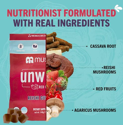 mushie - Mushie Gummies Orgânicos de Reishi – 60 Gummies, 2000mg de Cogumelos Reishi – Estresse, Relaxamento, Sono, Saúde Cardiovascular e Imunidade com Vitamina D – Vitaminas Veganas e Livres de Glúten