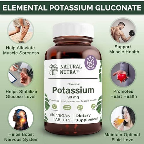 Gluconato de Potássio Elemental 99 mg – Energia, Sistema Nervoso, Saúde Cardíaca, Regulação Mineral, Função Muscular – 250 Comprimidos Veganos - Natural Nutra