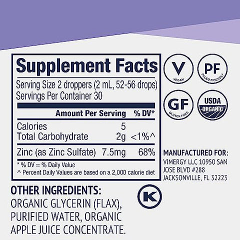 Zinco Líquido Orgânico, Tamanho Viagem – 27 Porções – Sulfato de Zinco Livre de Álcool – Suporta a Saúde Imunológica - Vimergy