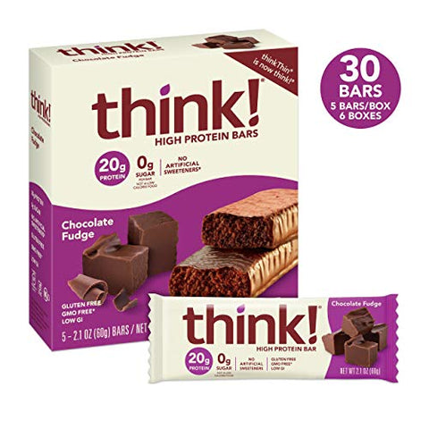 THINK - Think! Barras de Proteína – Snacks de Alta Proteína, Sem Glúten, Sem Açúcar – Barra Energética com Proteína Isolada do Soro do Leite, Sabor Chocolate Fudge – Barras Nutricionais sem Adoçantes Artificiais, 30g